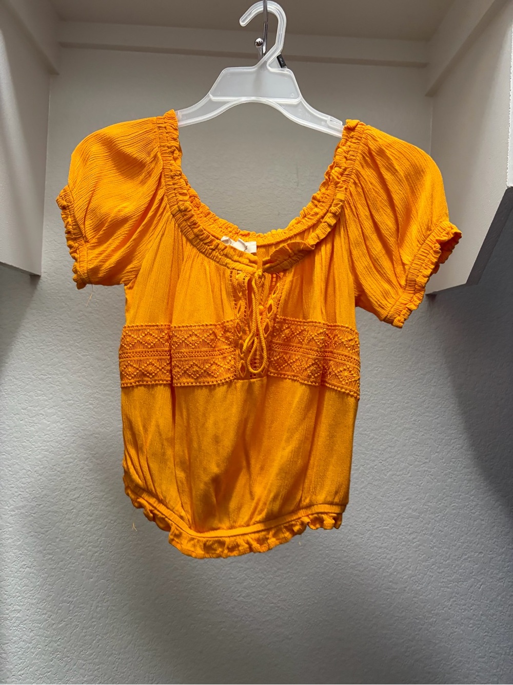 Women's Orange Peasant Blouse with Crochet Detail
